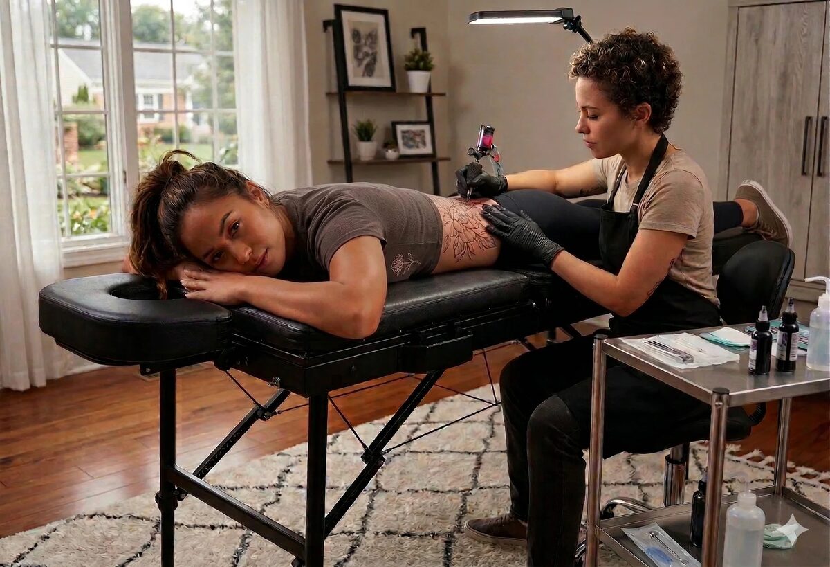 Tattoo artist working on client in a bright private suite