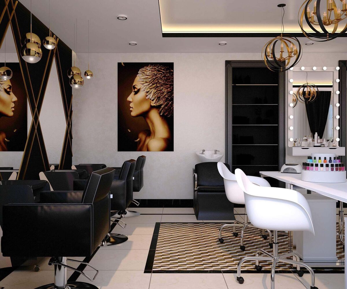 Luxury black and gold salon suite with chandeliers