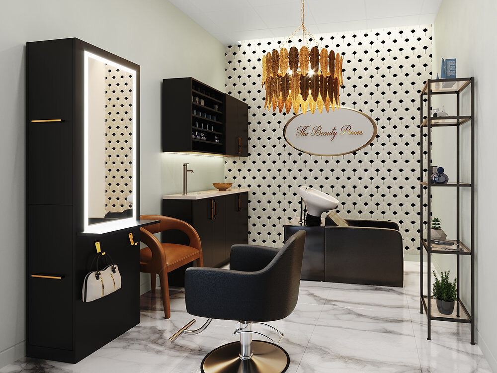 Hair styling suite with navy chairs and natural wood cabinets