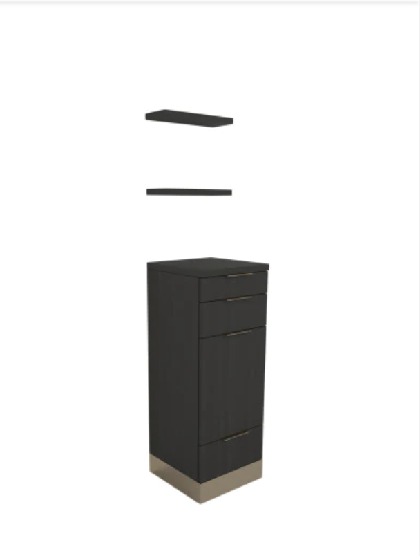 Dark cabinet with floating shelves and gold accents