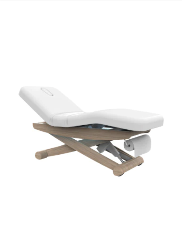 White massage table with wood base