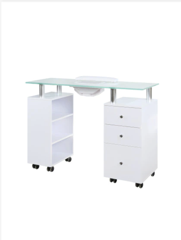 White nail table with glass top and storage drawers