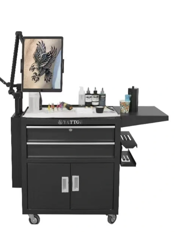 Black tattoo workstation with tablet mount and ink storage