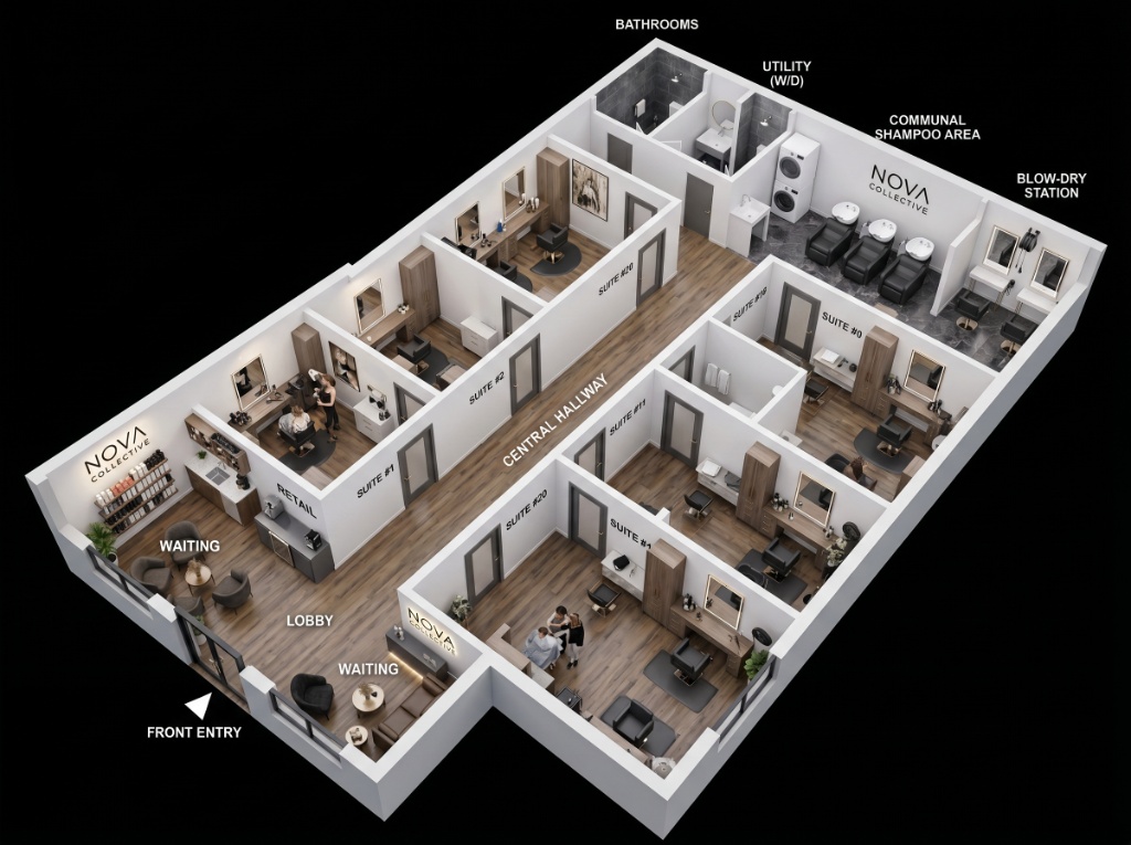 Concept floor plan showing NOVA private suites and shared amenities