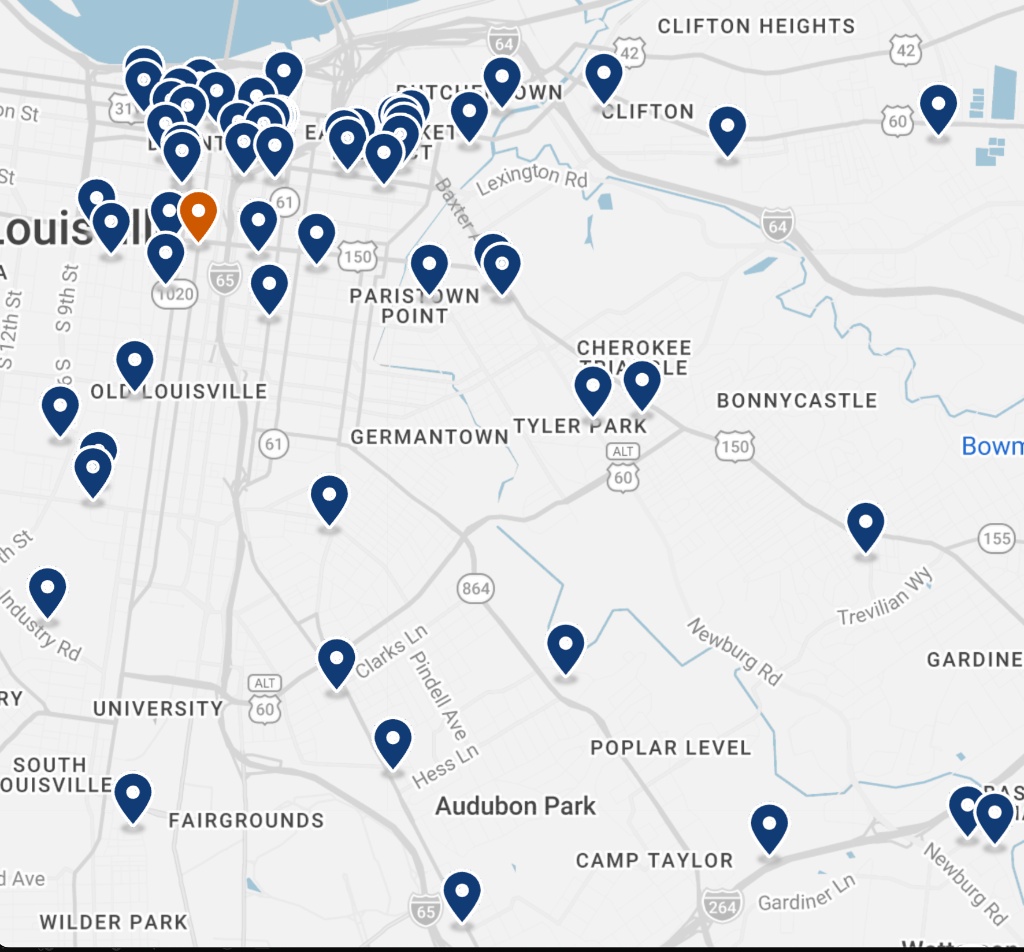 Map of Louisville, Kentucky area showing NOVA Collective salon suite locations