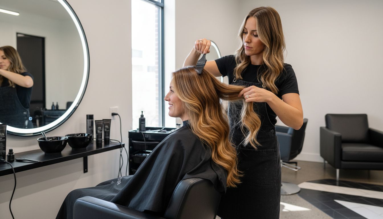 Hair stylist serving a client in a private salon suite in Louisville, KY